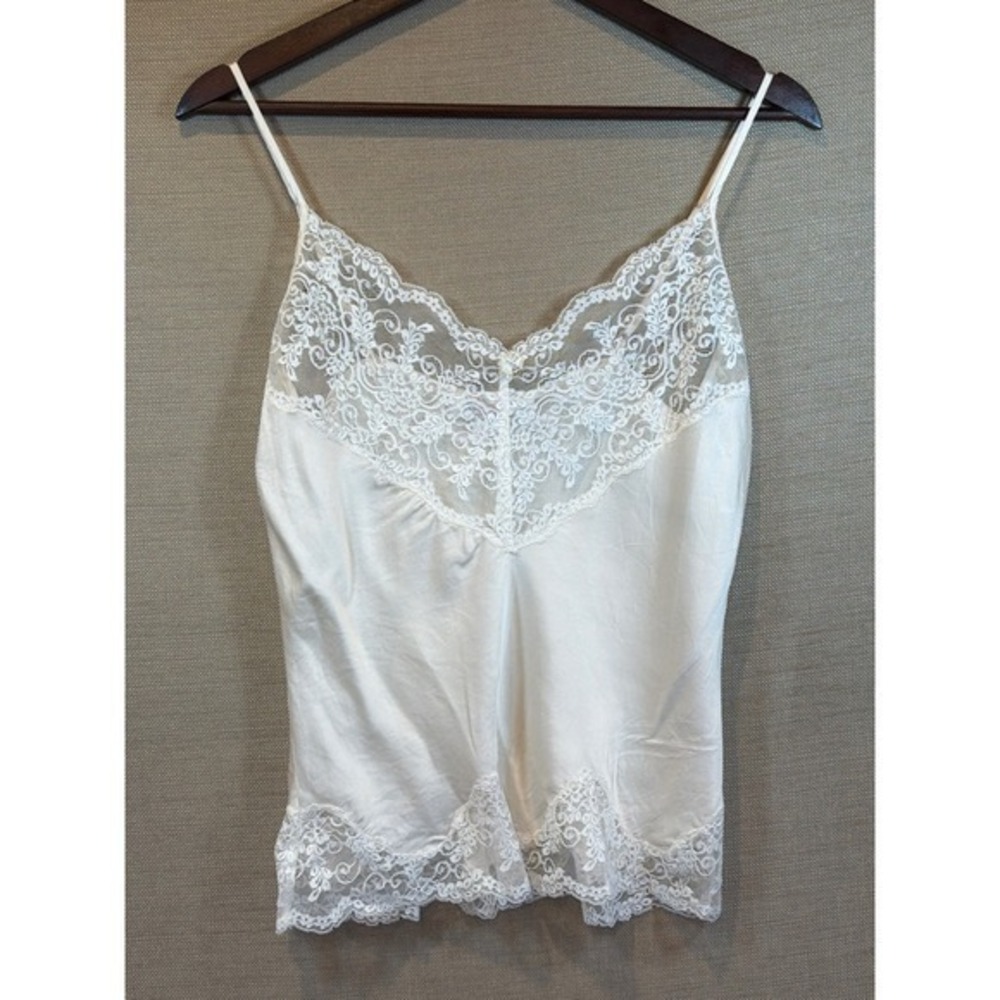 VTG Nordstrom Intimates 100% Silk Camisole Ivory White Lace Trim Tank Top Large